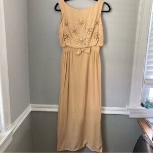 Vintage formal drop waist maxi dress sleeveless sequin flowers muted tan S